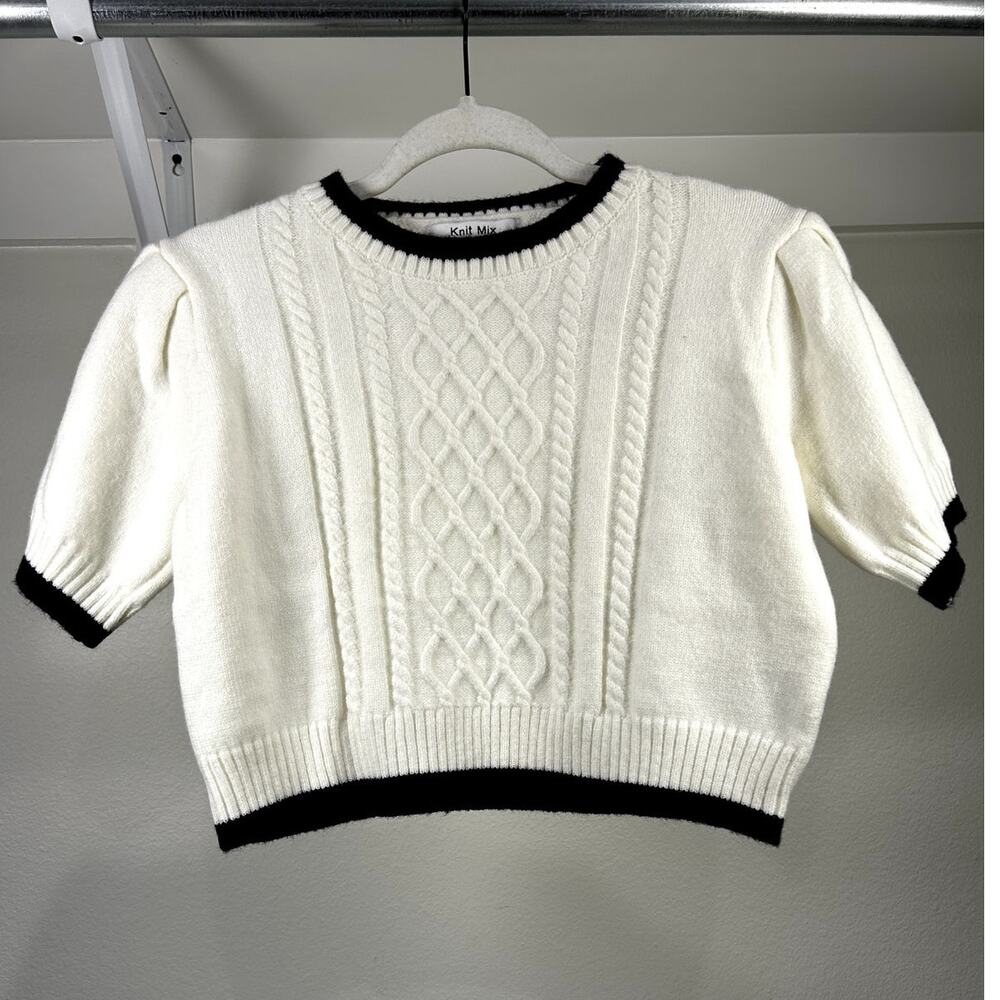 Knit Mix Women Ivory Black Trim Viscose Cable Knit Puff Cropped‎ Sweater Small